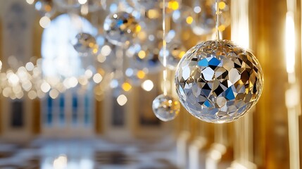 Aufkleber - Glistening crystal ball decorations reflecting lights in an opulent interior space for a festive atmosphere : Generative AI