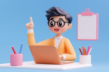 Wall Mural - Commercial advertisements influence consumers. 3D character working on a laptop with stationery in a bright setting.