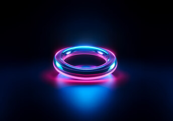 Leinwandbilder - Vibrant neon ring glows with electric blue and pink hues against a stark, dark background.  A modern, minimalist design element with a futuristic feel.