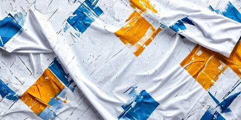 Wall Mural - A piece of cloth with blue and yellow squares on it