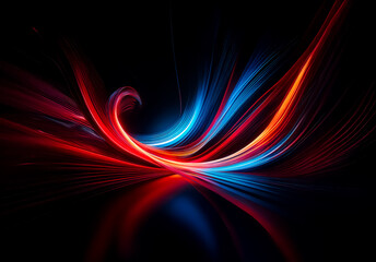 Poster - Abstract image of swirling light trails in vibrant red and blue hues against a dark backdrop. The dynamic and flowing lines create a sense of movement and energy.