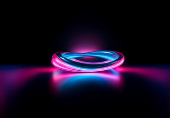 Poster - Abstract illuminated ring on a dark surface glows with vibrant pink and blue neon light, casting a colorful reflection. Modern, futuristic, and glowing effect.