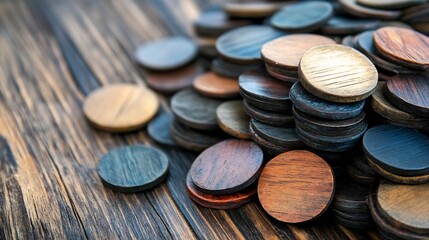 Poster - A collection of wooden game tokens stacked together on a rustic wooden surface in natural light : Generative AI