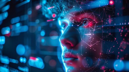 Aufkleber - A young individual interacts with glowing digital data in a futuristic environment, surrounded by vibrant colors and intricate patterns, suggesting deep concentration on technology and innovation.