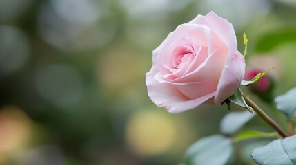 Poster - a close up of a delicate pink rose blooming beautifully against a blurred green background : generat