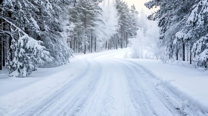 Poster - Winter scenery featuring a snowcovered road winding through a quiet forest landscape : Generative AI
