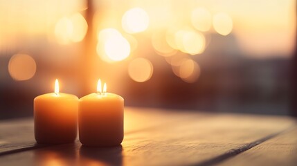 Leinwandbilder - Two candles glowing warmly in a soft light during sunset creating an atmosphere of peace and calm : Generative AI
