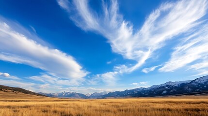 Poster - A breathtaking landscape of an open field under a blue sky with rocky mountains in the distance : Generative AI