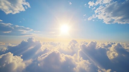 Aufkleber - Bright Blue Sky with Sun Rays Shining Through Fluffy White Clouds : Generative AI