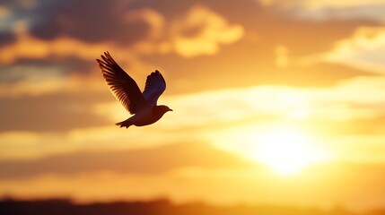 Poster - Bird in Flight Silhouette Against a Vibrant Sunset Sky and Warm Colors : Generative AI