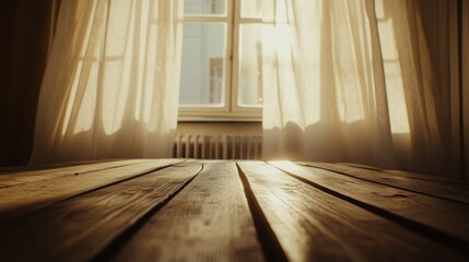 Canvas Print - A wooden table bathed in sunlight stands beside a window with sheer curtains