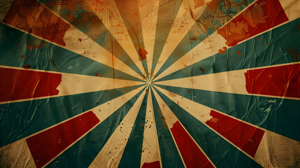Poster - A vintage textured background featuring a radial pattern of red and blue stripes with grunge effects