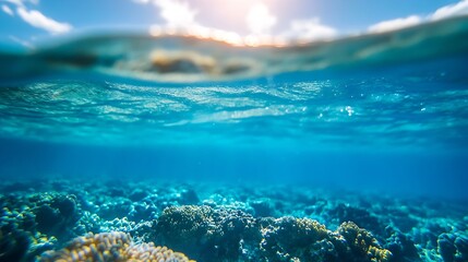 Poster - Beneath the Waves Stunning Coral Reef Landscape in Clear Tropical Waters Under Bright Sunlight : Generative AI