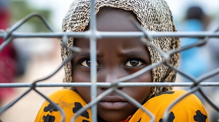 Poster - Emotional portrait of a young girl peering through chain link fence reflecting hope and resilience : Generative AI