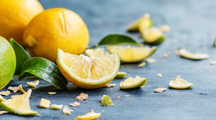 Aufkleber - Fresh Lemons and Lime Slices on Vibrant Blue Background : Generative AI