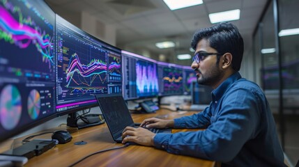 Leinwandbilder - Individual focuses on intricate data visualizations displayed on multiple monitors, researching market patterns and performance metrics in a contemporary office environment.