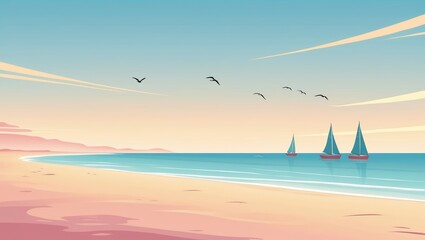 Wall Mural - serene beach at sunset with sailboats and birds soaring over calm waters