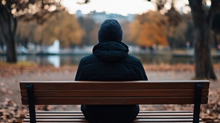 Poster - Individual in warm clothing sitting on a park bench surrounded by colorful autumn foliage : Generative AI