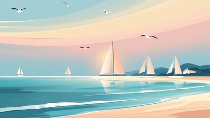 Wall Mural - sailing at sunset with seagulls in a tranquil coastal landscape surrounded by distant hills
