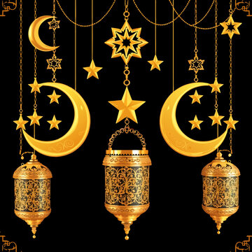 Islamic-inspired artwork with hanging crescents, stars, and ornate lanterns
