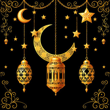 Islamic-inspired artwork with hanging crescents, stars, and ornate lanterns