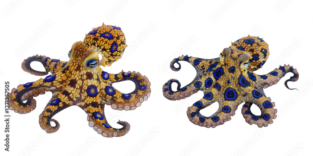 Tiny Blue Ringed Octopus Isolated on White Background with Intricate ...