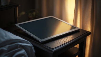 Poster - tablet resting on a bedside table with soft sunlight filtering through curtains in a cozy bedroom en