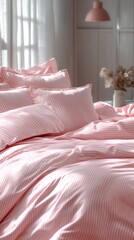 Poster - Gentle sunlight pours through sheer curtains, illuminating a warm bedroom adorned with a soft pink and white striped duvet cover. Plush cushions invite relaxation and comfort
