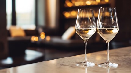 Poster - Elegant wine glasses filled with white wine in a cozy stylish bar setting with warm lighting : Generative AI
