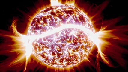Poster - Solar flare erupting dynamically across stellar surface, generating massive energy burst with glowing plasma dynamics in dramatic slow motion visualization