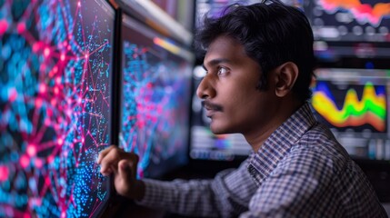 Leinwandbilder - A young man focused on interpreting intricate data visualizations displayed on several monitors while working in a contemporary office during evening hours.