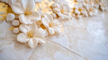 Fototapete - Elegant white flowers with golden accents on a textured wall creating a serene background design : Generative AI