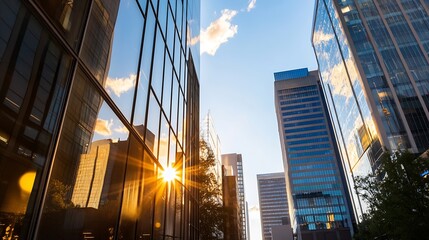 Poster - Cityscape at sunset with glass buildings reflecting golden light and a serene urban environment : Generative AI