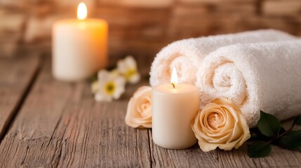 Poster - Relaxation scene with rolled towels and candles surrounded by roses creating a tranquil environment for a spa day : Generative AI
