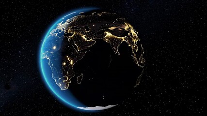 Aufkleber - Nighttime planet rotation featuring illuminated cities spreading across dark planetary surface, revealing global perspective of earth's nocturnal landscape within expansive cosmic environment