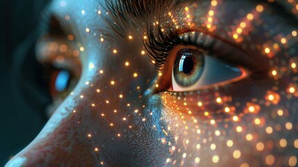 Fototapete - A close up captures the beauty of an eye surrounded by intricate light patterns and reflections, showcasing artistic creativity in a vibrant urban atmosphere during evening hours.