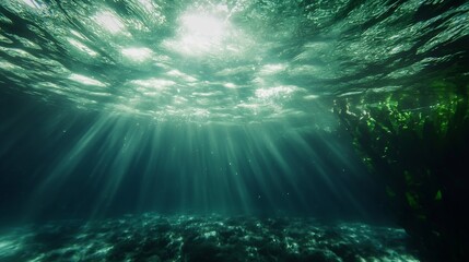Aufkleber - Breathtaking underwater scene with rays of sunlight filtering through clear water and illuminating the ocean depths : Generative AI
