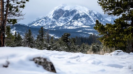 Poster - Majestic snowcapped mountain surrounded by evergreen trees under a cloudy sky in winter : Generative AI