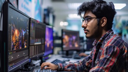 Leinwandbilder - A young man is intently working on graphic design tasks at a desk filled with computer screens in a bright, modern workspace. He is using editing software to create engaging visuals.