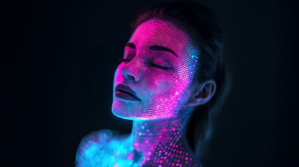 Poster - Woman showing futuristic digital makeup projection transforming face
