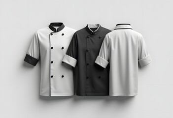 Leinwandbilder - Blank black and white chef jacket mockup set, front view, 3d rendering. Empty cotton master protect overcoat mock up , isolated. Clear service or chief clothe barathea mokcup template.

