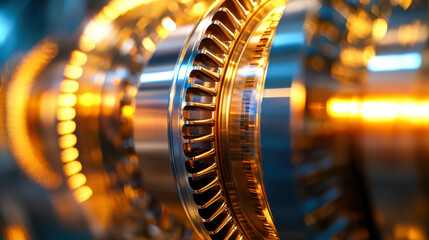 close up view of metallic turbine with intricate details and glowing elements, showcasing engineering precision and technology