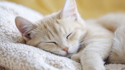 Poster - Adorable Light Ginger Cat Sleeping Peacefully on a Cozy Blanket in a Sunlit Room : Generative AI