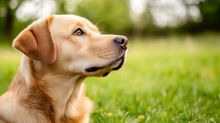 Poster - Gentle Labrador Dog Looking Thoughtfully with a Green Landscape in the Background : Generative AI