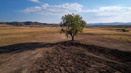 Poster - Lonely tree in a vast dry landscape with mountains and blue sky creating a tranquil scene : Generative AI