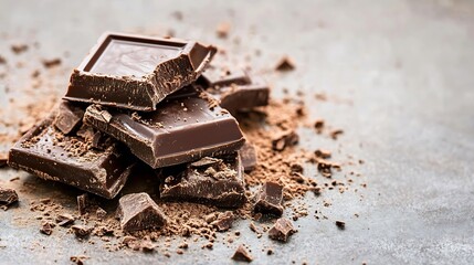 Poster - Pieces of dark chocolate scattered on a concrete surface showcasing delectable indulgence for dessert lovers : Generative AI