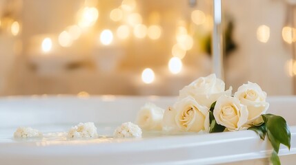 Poster - Luxurious bathroom setting with floating roses in a serene bath surrounded by warm glowing lights : Generative AI