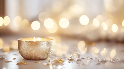Poster - beautiful candle in a sparkling holder illuminated by soft golden light creating a cozy atmosphere :