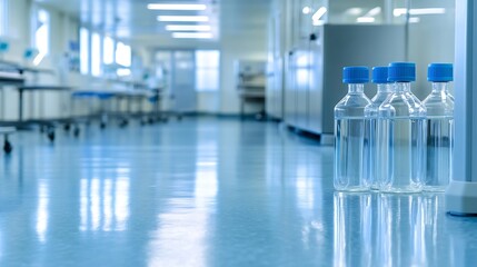 Poster - Clear glass bottles lined up in a sterile lab environment symbolizing purity and cleanliness : Generative AI