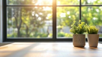 Aufkleber - Bright indoor plants basking in sunlight near large windows creating a fresh ambiance : Generative AI
